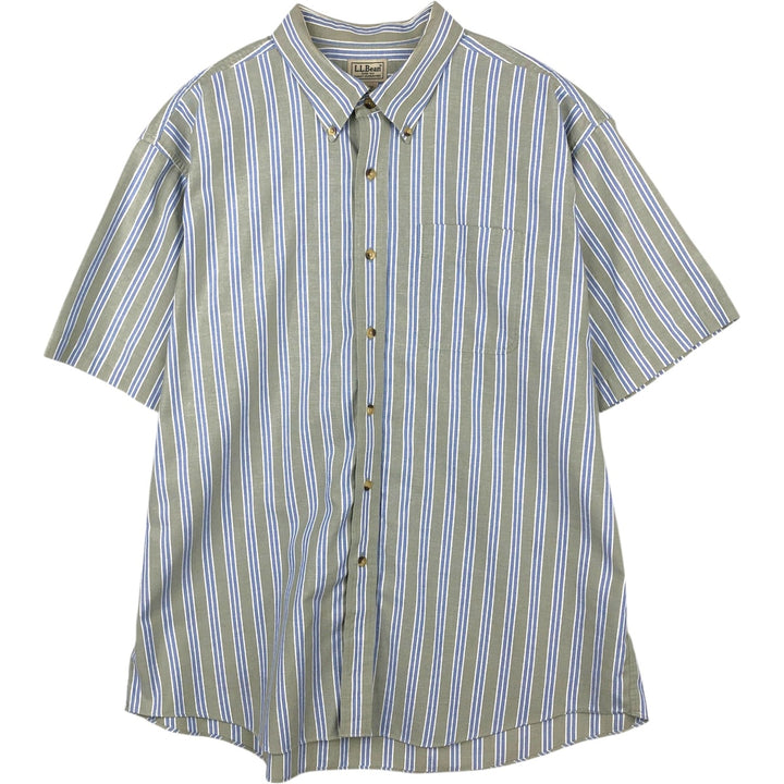 90s-00'S LLBean Short-Sleeve Button-Down Striped Shirt, Men's Size XL (Equivalent), Vintage cotton Khaki type Vintage Second Hand