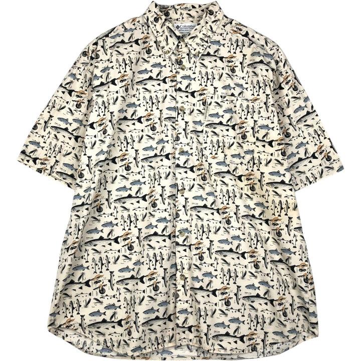 90s-00'S Columbia Short-Sleeve Button-Down Shirt with Fish Print (Men's XL equivalent) Vintage cotton unbleached Vintage Second Hand