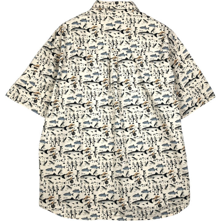 90s-00'S Columbia Short-Sleeve Button-Down Shirt with Fish Print (Men's XL equivalent) Vintage cotton unbleached Vintage Second Hand