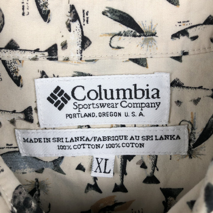 90s-00'S Columbia Short-Sleeve Button-Down Shirt with Fish Print (Men's XL equivalent) Vintage cotton unbleached Vintage Second Hand