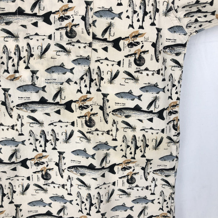 90s-00'S Columbia Short-Sleeve Button-Down Shirt with Fish Print (Men's XL equivalent) Vintage cotton unbleached Vintage Second Hand
