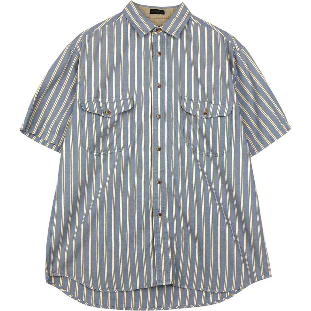 1990'S Eddie Bauer Rufton Twill Black Tag Short-Sleeve Cotton Striped Shirt, Made in the Philippines, Men's Size L (Equivalent), Vintage cotton blue type Vintage Second Hand