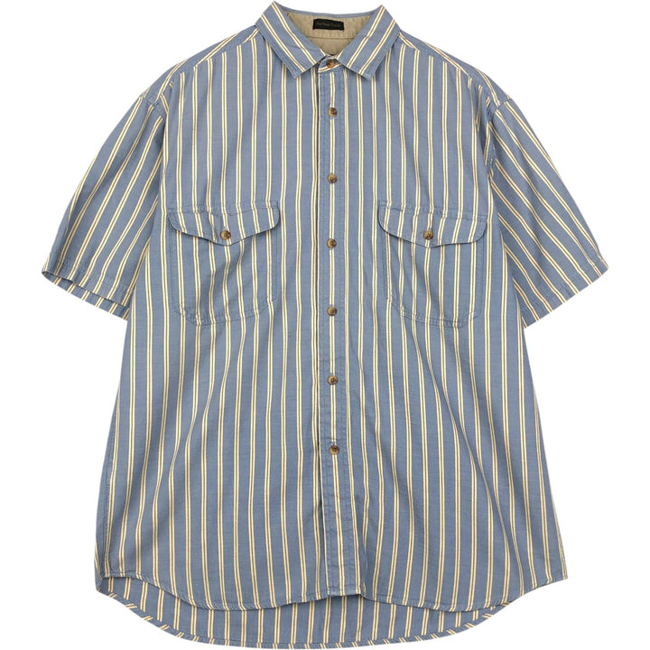 1990'S Eddie Bauer Rufton Twill Black Tag Short-Sleeve Cotton Striped Shirt, Made in the Philippines, Men's Size L (Equivalent), Vintage cotton blue type Vintage Second Hand