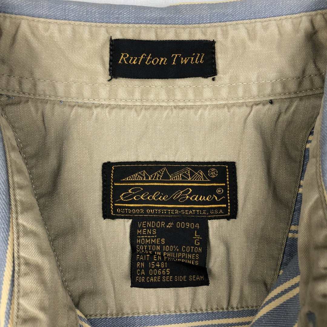 1990'S Eddie Bauer Rufton Twill Black Tag Short-Sleeve Cotton Striped Shirt, Made in the Philippines, Men's Size L (Equivalent), Vintage cotton blue type Vintage Second Hand
