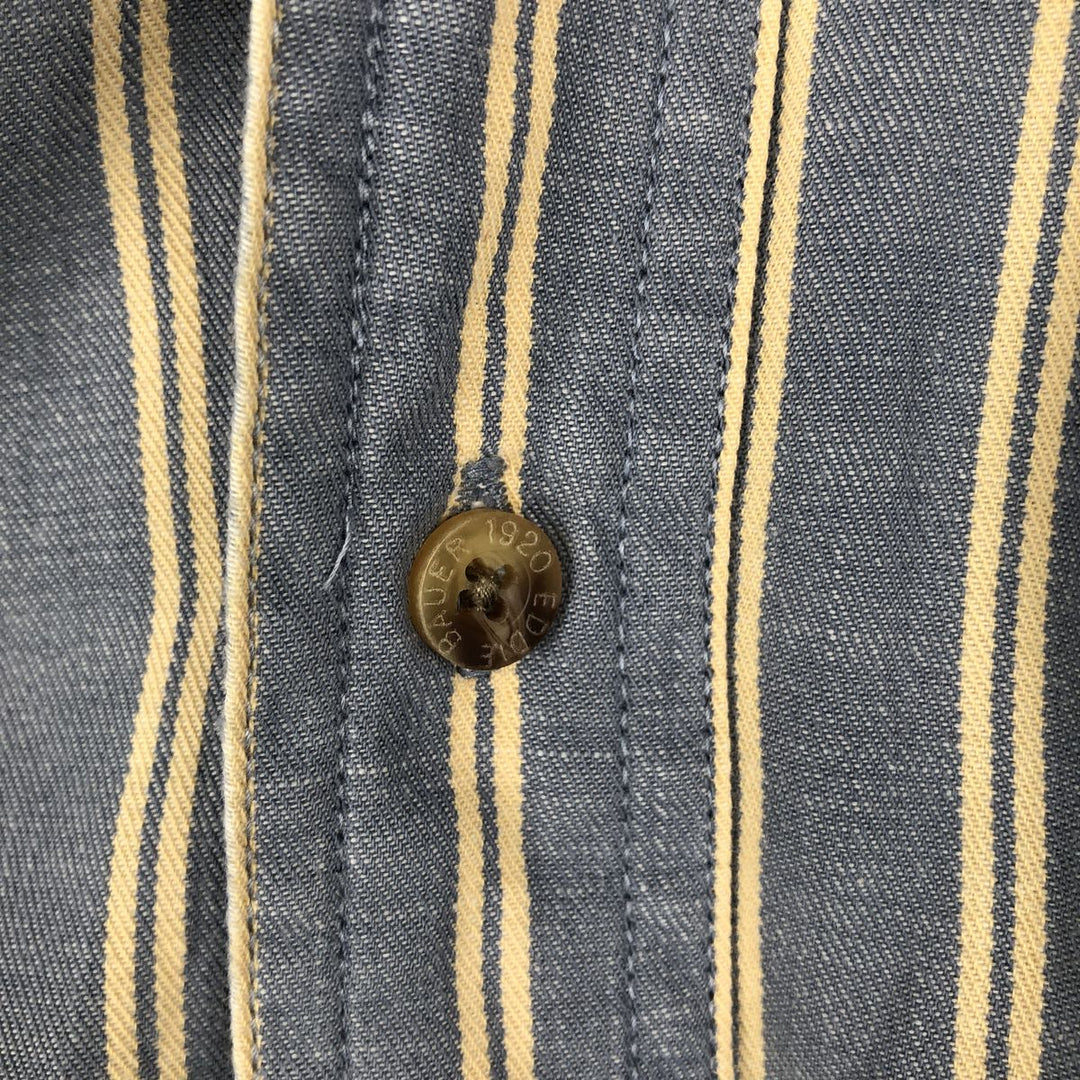 1990'S Eddie Bauer Rufton Twill Black Tag Short-Sleeve Cotton Striped Shirt, Made in the Philippines, Men's Size L (Equivalent), Vintage cotton blue type Vintage Second Hand