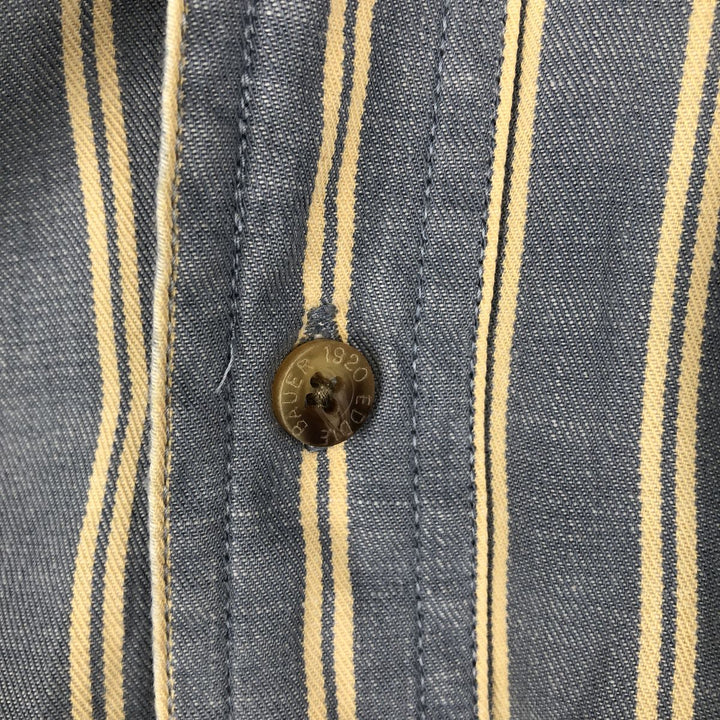 1990'S Eddie Bauer Rufton Twill Black Tag Short-Sleeve Cotton Striped Shirt, Made in the Philippines, Men's Size L (Equivalent), Vintage cotton blue type Vintage Second Hand