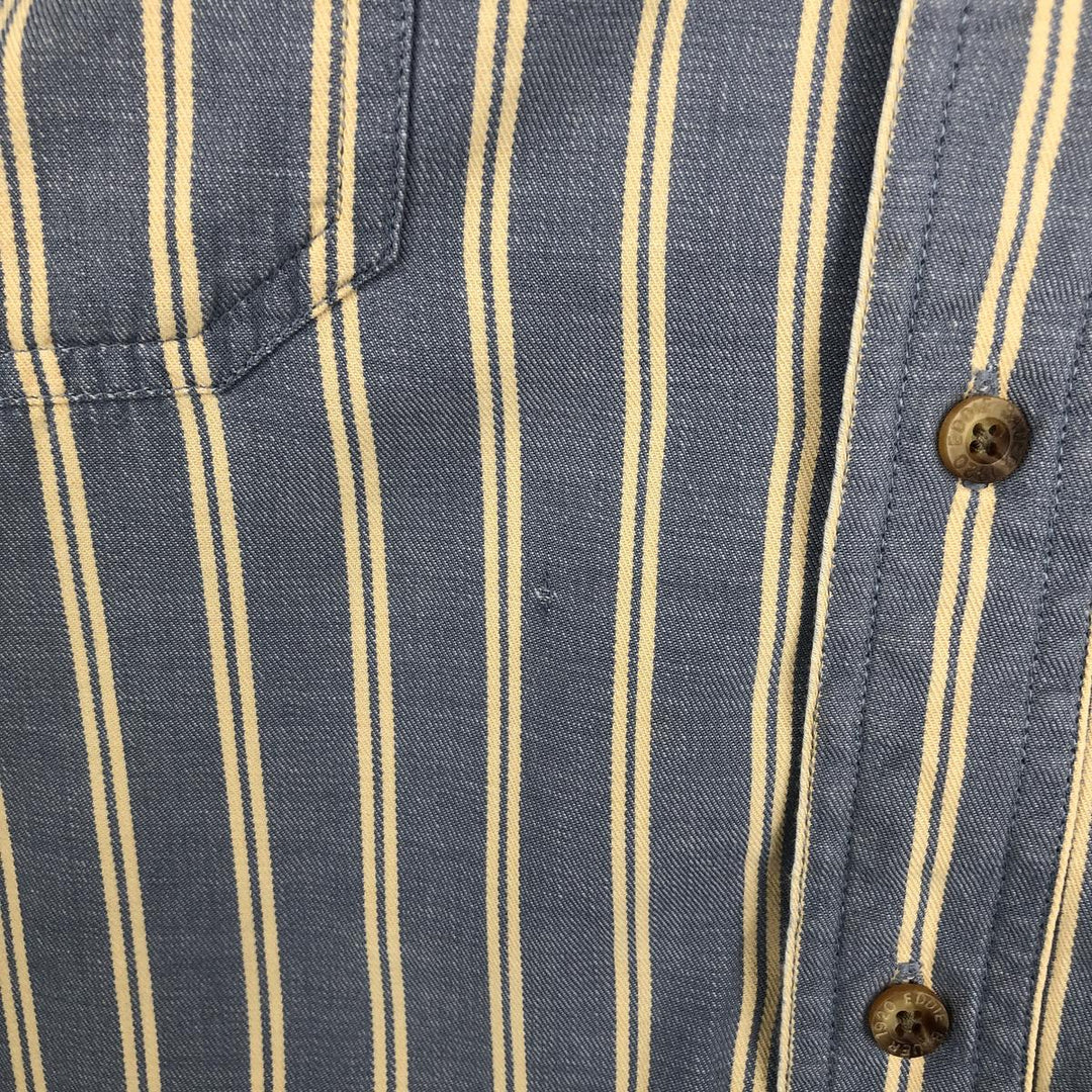 1990'S Eddie Bauer Rufton Twill Black Tag Short-Sleeve Cotton Striped Shirt, Made in the Philippines, Men's Size L (Equivalent), Vintage cotton blue type Vintage Second Hand