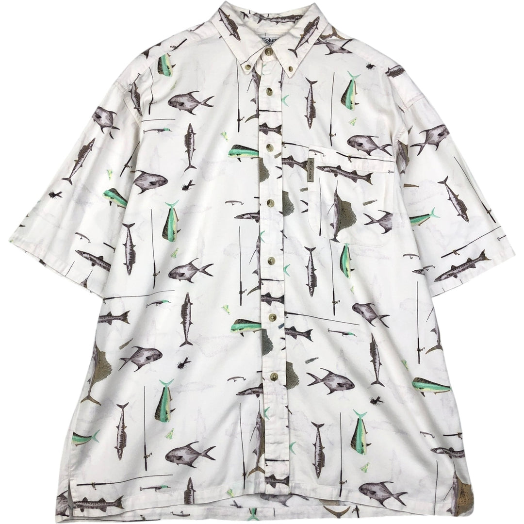 90s-00'S Columbia Short-Sleeve Button-Down Box Shirt with Fish Print (Men's Size L) - Vintage Viscose pale white type Vintage Second Hand