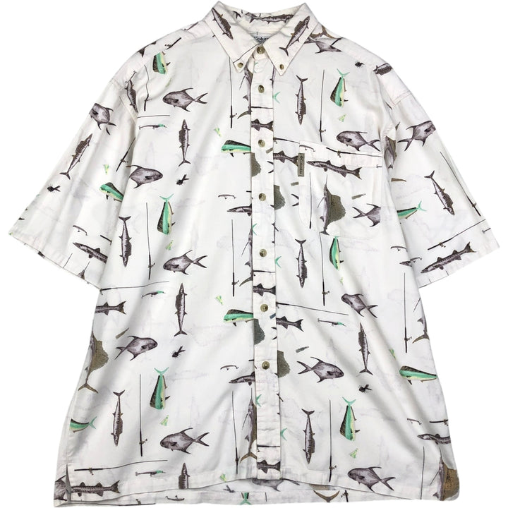 90s-00'S Columbia Short-Sleeve Button-Down Box Shirt with Fish Print (Men's Size L) - Vintage Viscose pale white type Vintage Second Hand