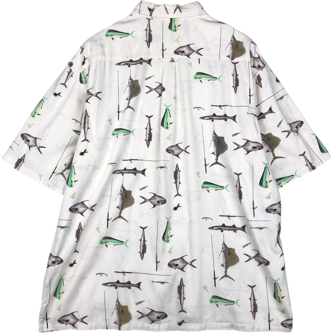 90s-00'S Columbia Short-Sleeve Button-Down Box Shirt with Fish Print (Men's Size L) - Vintage Viscose pale white type Vintage Second Hand