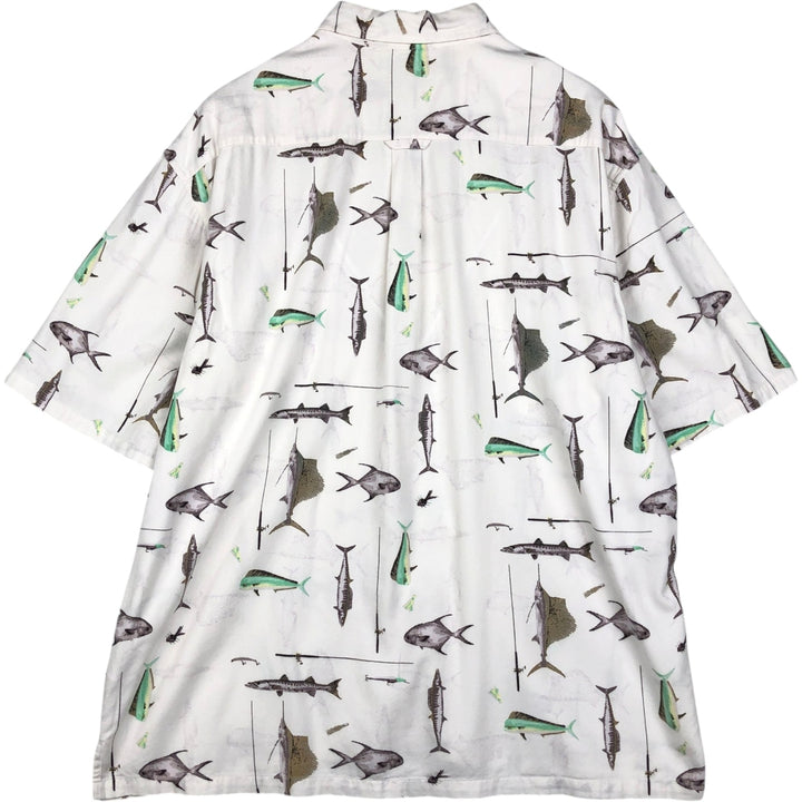 90s-00'S Columbia Short-Sleeve Button-Down Box Shirt with Fish Print (Men's Size L) - Vintage Viscose pale white type Vintage Second Hand