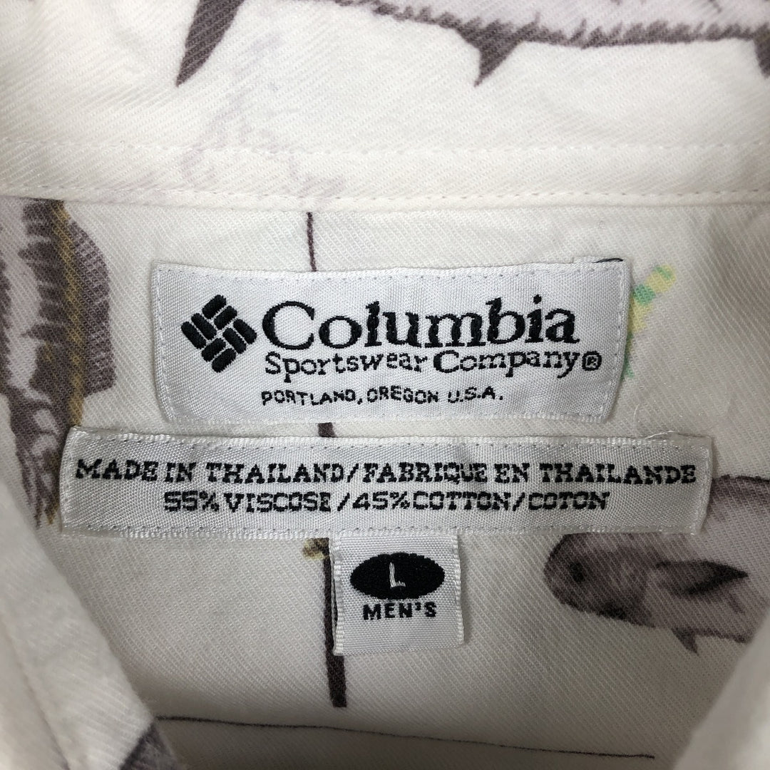 90s-00'S Columbia Short-Sleeve Button-Down Box Shirt with Fish Print (Men's Size L) - Vintage Viscose pale white type Vintage Second Hand