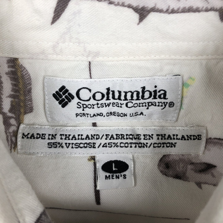 90s-00'S Columbia Short-Sleeve Button-Down Box Shirt with Fish Print (Men's Size L) - Vintage Viscose pale white type Vintage Second Hand