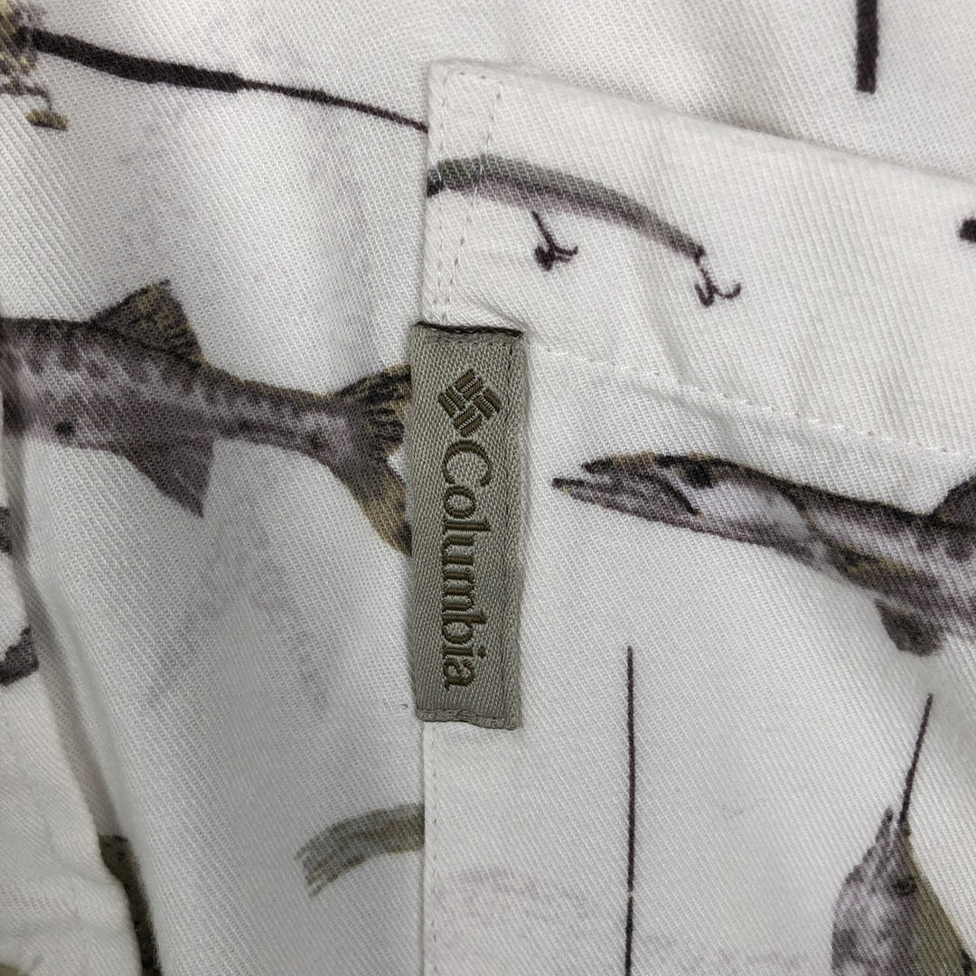 90s-00'S Columbia Short-Sleeve Button-Down Box Shirt with Fish Print (Men's Size L) - Vintage Viscose pale white type Vintage Second Hand
