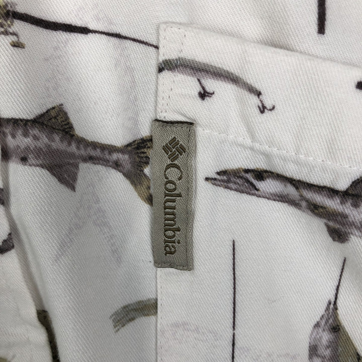 90s-00'S Columbia Short-Sleeve Button-Down Box Shirt with Fish Print (Men's Size L) - Vintage Viscose pale white type Vintage Second Hand