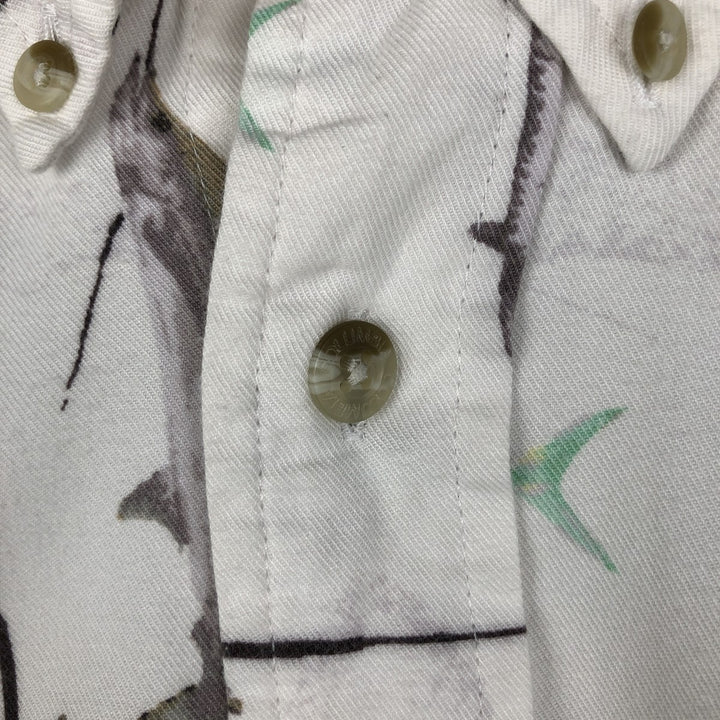 90s-00'S Columbia Short-Sleeve Button-Down Box Shirt with Fish Print (Men's Size L) - Vintage Viscose pale white type Vintage Second Hand