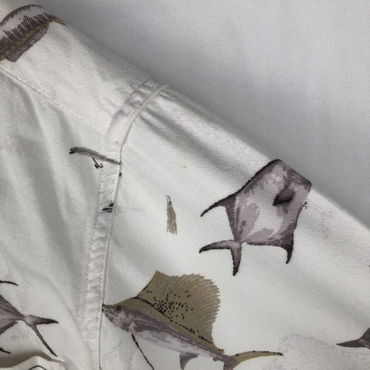 90s-00'S Columbia Short-Sleeve Button-Down Box Shirt with Fish Print (Men's Size L) - Vintage Viscose pale white type Vintage Second Hand