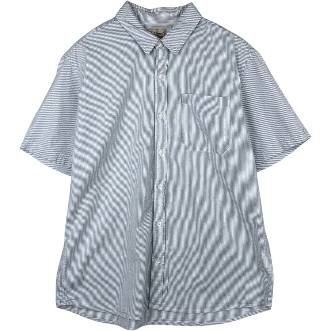 90s-00'S L.L.Bean SLIGHTLY FITTED Seersucker Short-Sleeve Cotton Striped Shirt, Men's Size L (approx.), Vintage Organic cotton Blue type light blue Vintage Second Hand