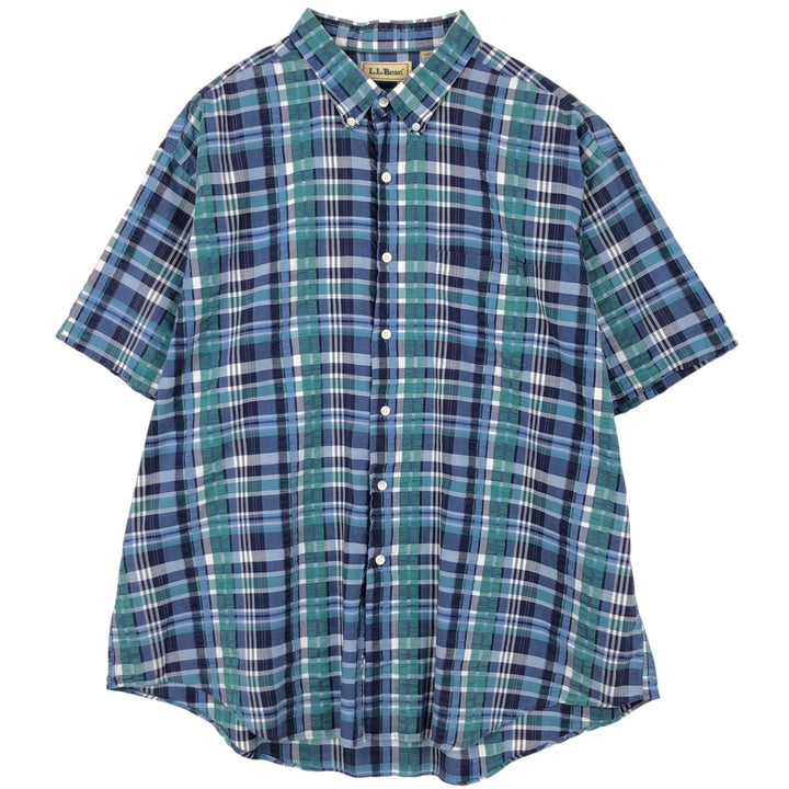 Vintage 1990'S L.L.Bean seersucker short-sleeved button-down check shirt, men's size XXL equivalent. cotton blue type Vintage Second Hand