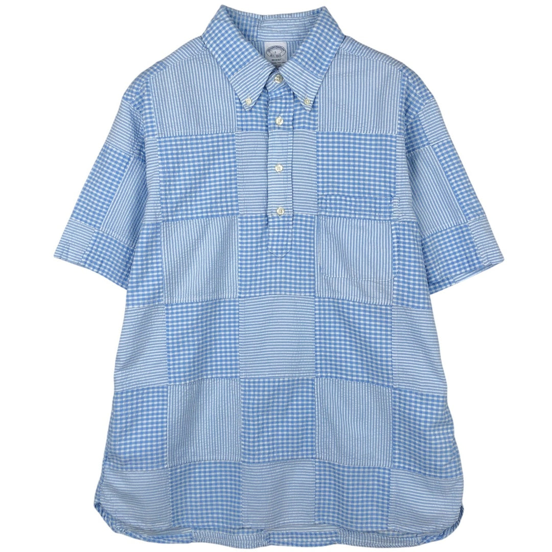 Brooks Brothers Stripe Pattern Gingham Check Pullover Seersucker Patchwork Short-Sleeve Button-Down Shirt cotton Blue type light blue Vintage Second Hand