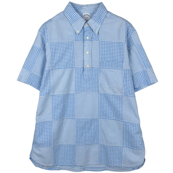 Brooks Brothers Stripe Pattern Gingham Check Pullover Seersucker Patchwork Short-Sleeve Button-Down Shirt cotton Blue type light blue Vintage Second Hand