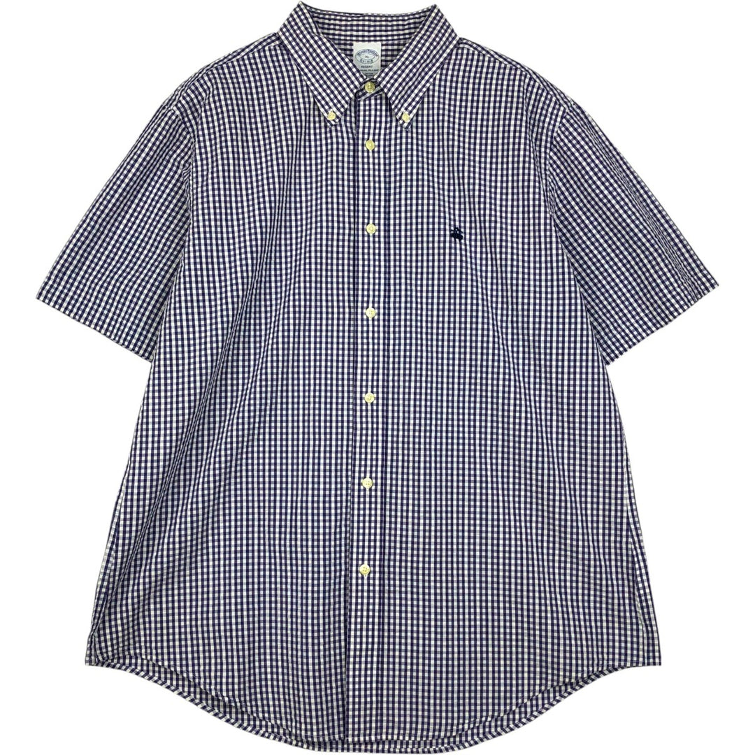 Brooks Brothers Est.1818 REGENT Gingham Check Seersucker Short-Sleeve Button-Down Check Shirt (Men's Size XL) cotton Indigo Vintage Second Hand