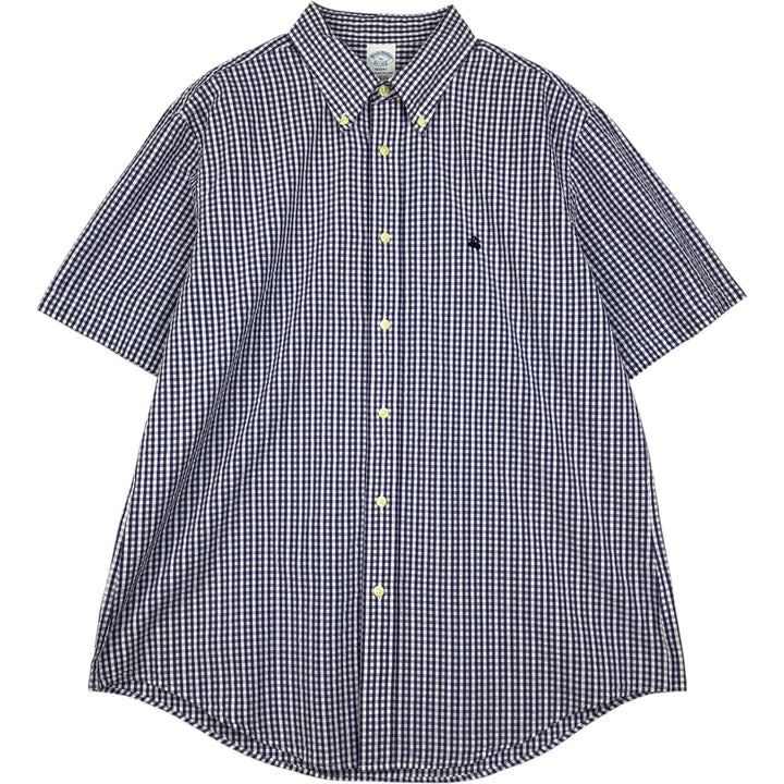 Brooks Brothers Est.1818 REGENT Gingham Check Seersucker Short-Sleeve Button-Down Check Shirt (Men's Size XL) cotton Indigo Vintage Second Hand