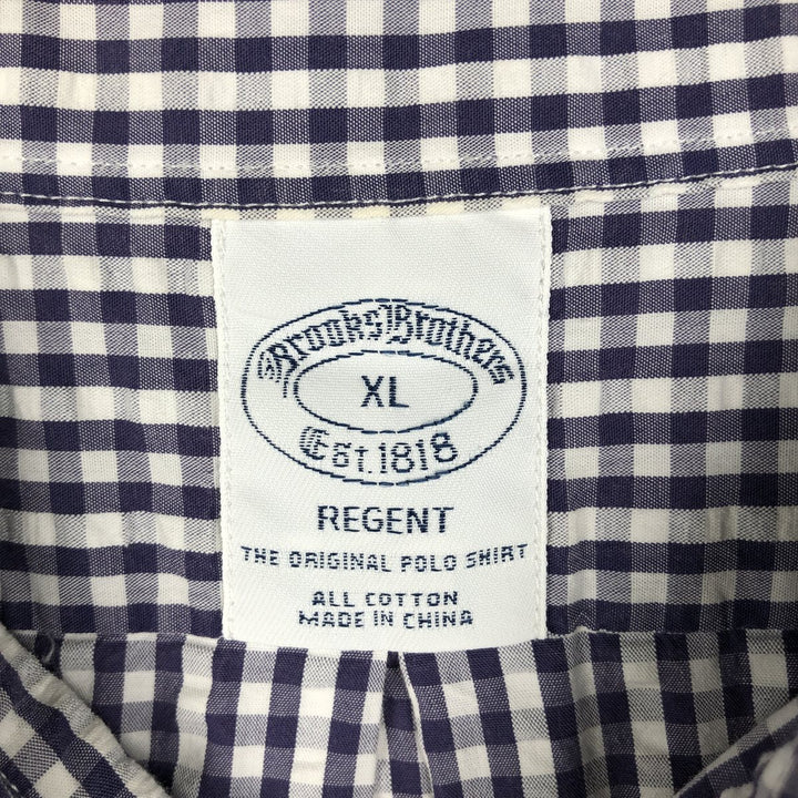 Brooks Brothers Est.1818 REGENT Gingham Check Seersucker Short-Sleeve Button-Down Check Shirt (Men's Size XL) cotton Indigo Vintage Second Hand