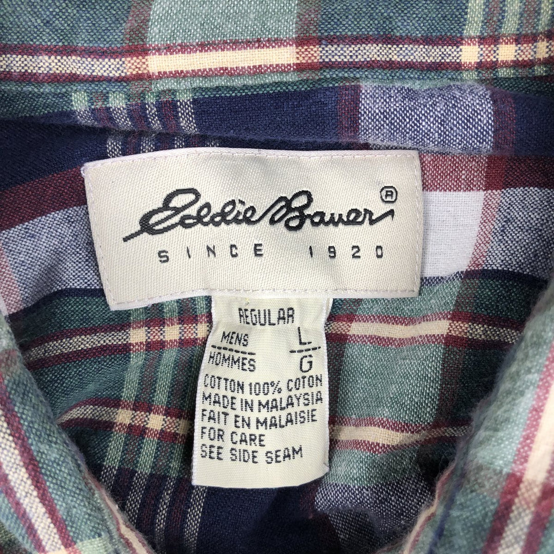 Eddie Bauer Madras Check Long-Sleeve Button-Down Check Shirt, Men's Size L (approx.) cotton Green type dark green Vintage Second Hand