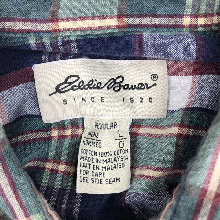 Eddie Bauer Madras Check Long-Sleeve Button-Down Check Shirt, Men's Size L (approx.) cotton Green type dark green Vintage Second Hand