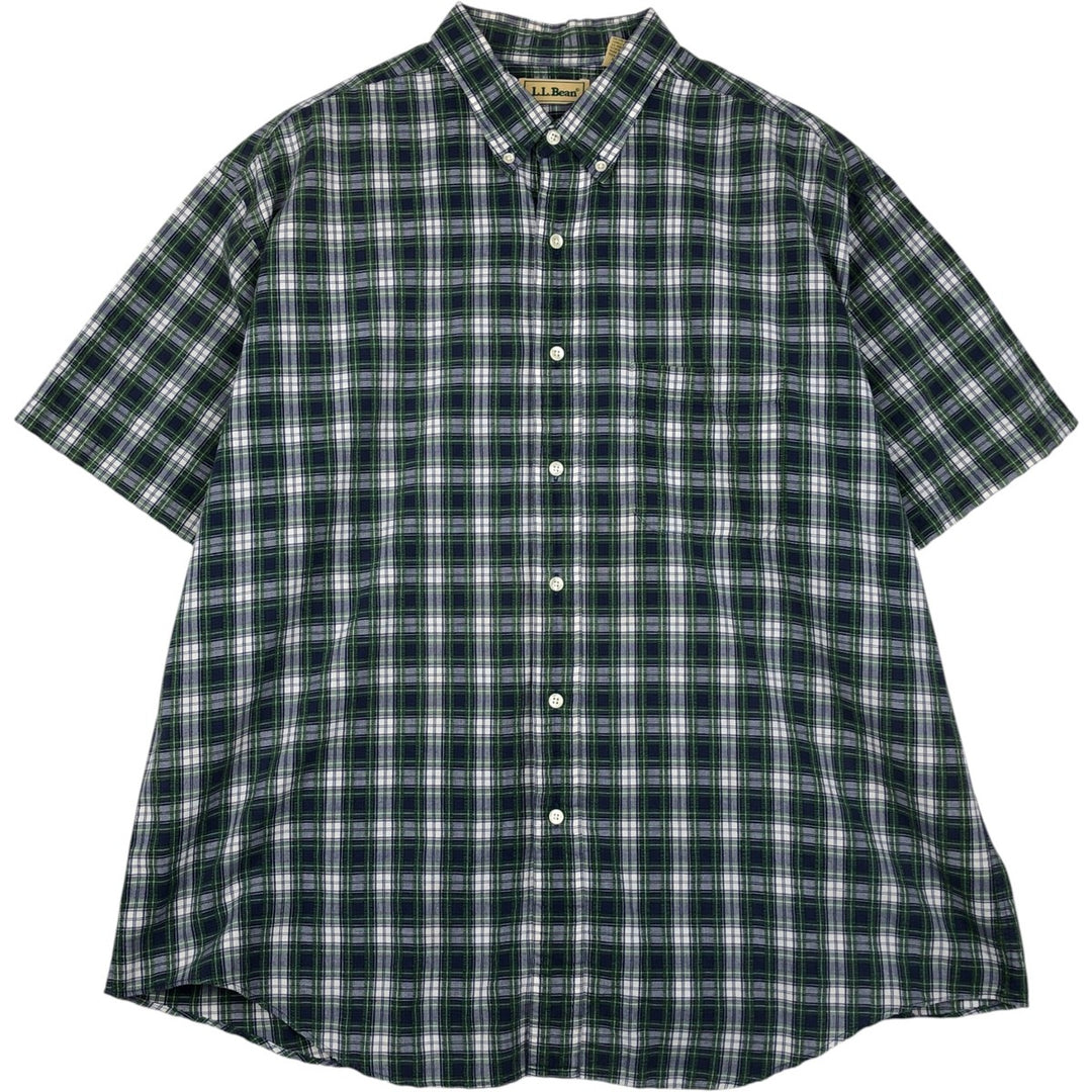 Vintage 1990'S L.L.Bean seersucker short-sleeved button-down check shirt, men's size XL. cotton Green type dark green Vintage Second Hand