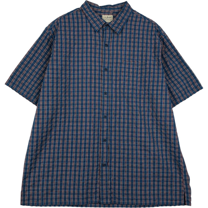 90s-00'S L.L.Bean Seersucker Short-Sleeve Cotton Check Shirt, Boxy Shirt, Men's Size XL (Equivalent), Vintage cotton blue type Vintage Second Hand