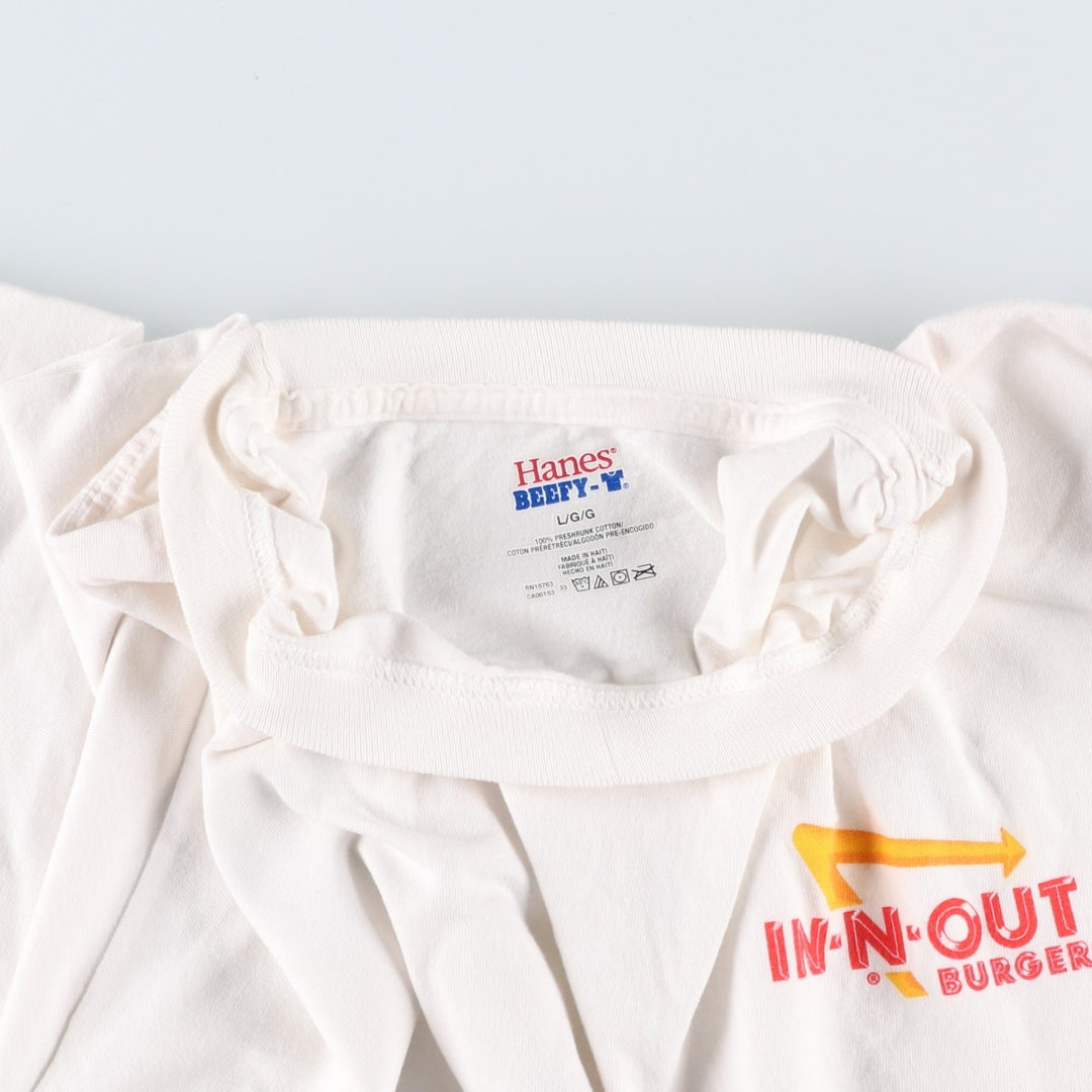 Hanes BEEFY-T IN-N-OUT BURGER Advertising T-Shirt, Men's Size L (approx.) cotton white type Vintage Second Hand