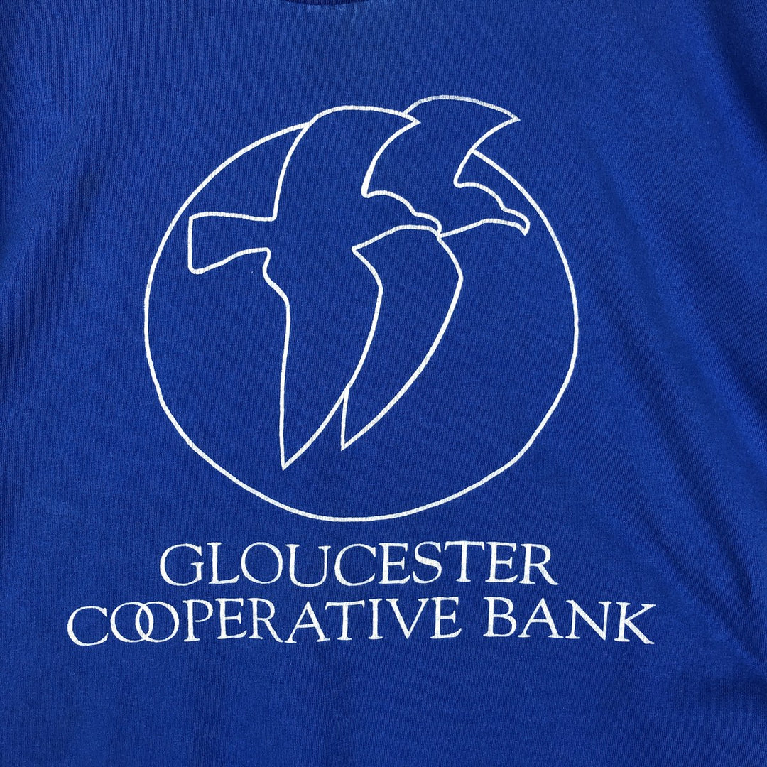 90'S Gildan Heavy Weight Bank Gloucester Advertising T-Shirt, Made in Canada, Men's XL equivalent, Vintage cotton blue type Vintage Second Hand