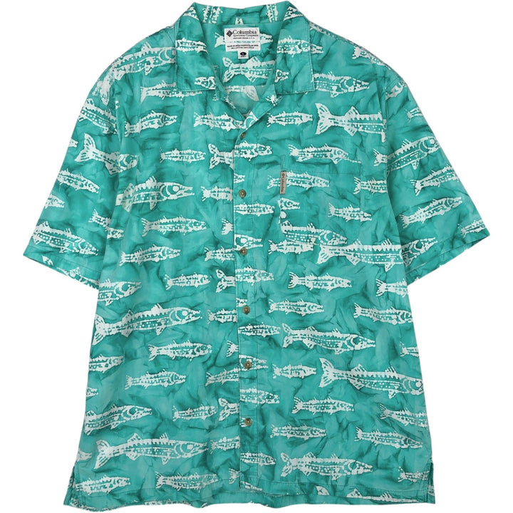 2000'S Columbia Fish Print Box Shirt, Short Sleeve, Open Collar, Cotton Shirt, Men's Size L (approx.) cotton Emerald green Vintage Second Hand