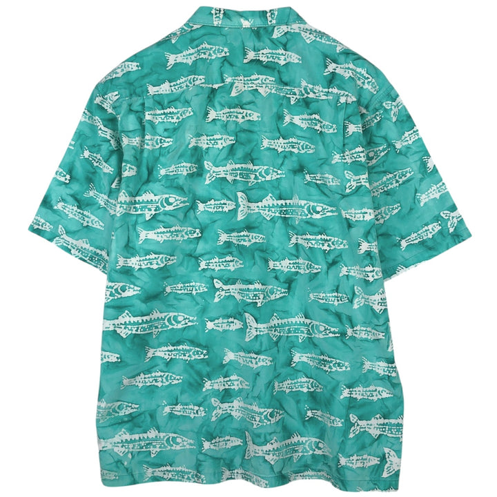 2000'S Columbia Fish Print Box Shirt, Short Sleeve, Open Collar, Cotton Shirt, Men's Size L (approx.) cotton Emerald green Vintage Second Hand