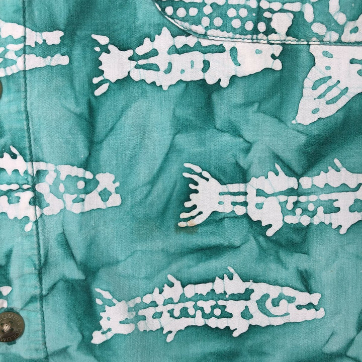 2000'S Columbia Fish Print Box Shirt, Short Sleeve, Open Collar, Cotton Shirt, Men's Size L (approx.) cotton Emerald green Vintage Second Hand