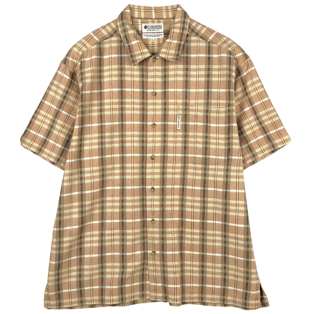 2000'S Columbia Short Sleeve Cotton Check Box Shirt, Men's Size L cotton beige type brown Vintage Second Hand
