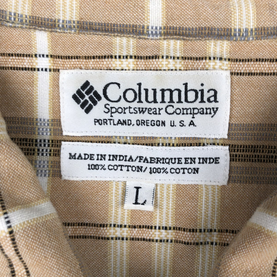2000'S Columbia Short Sleeve Cotton Check Box Shirt, Men's Size L cotton beige type brown Vintage Second Hand