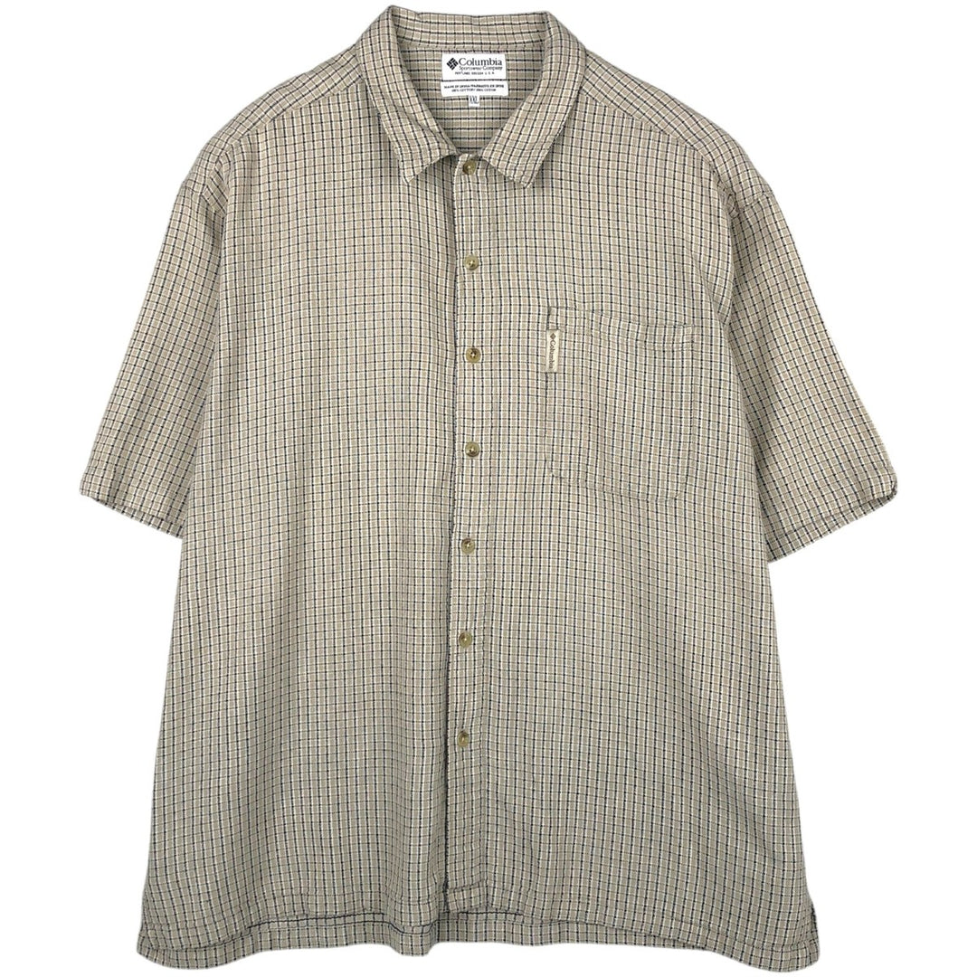 90s-00'S Columbia Short-Sleeve Cotton Check Shirt, Boxy Shirt, Men's XXL Equivalent, Vintage cotton Beige type Vintage Second Hand