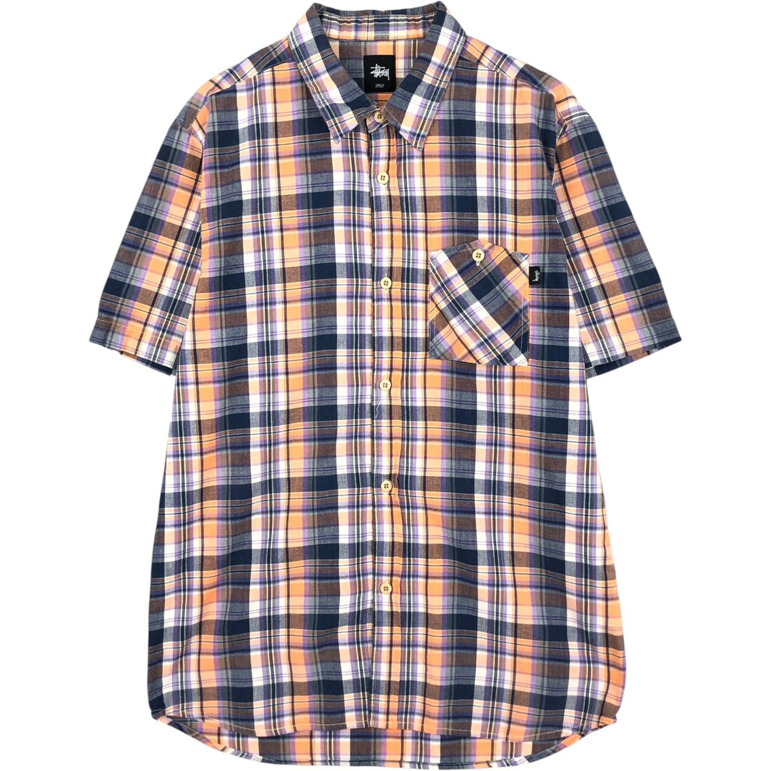 Stussy short-sleeved cotton check shirt, men's size L (approx.) cotton navy blue type Vintage Second Hand