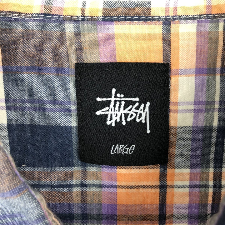Stussy short-sleeved cotton check shirt, men's size L (approx.) cotton navy blue type Vintage Second Hand