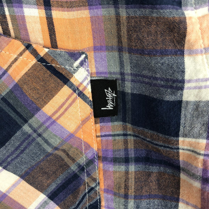 Stussy short-sleeved cotton check shirt, men's size L (approx.) cotton navy blue type Vintage Second Hand