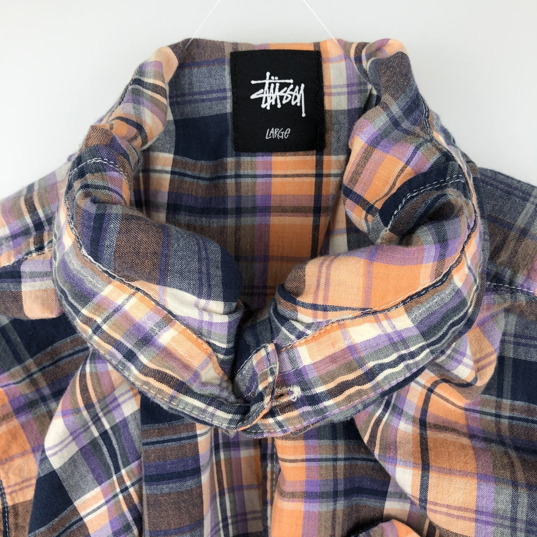Stussy short-sleeved cotton check shirt, men's size L (approx.) cotton navy blue type Vintage Second Hand