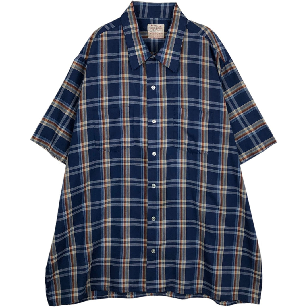 1960s-1970'S Sovereign Short-Sleeve Check Shirt, Boxy Shirt, Made in USA, Men's XXL Equivalent, Vintage polyester blue type Vintage Second Hand