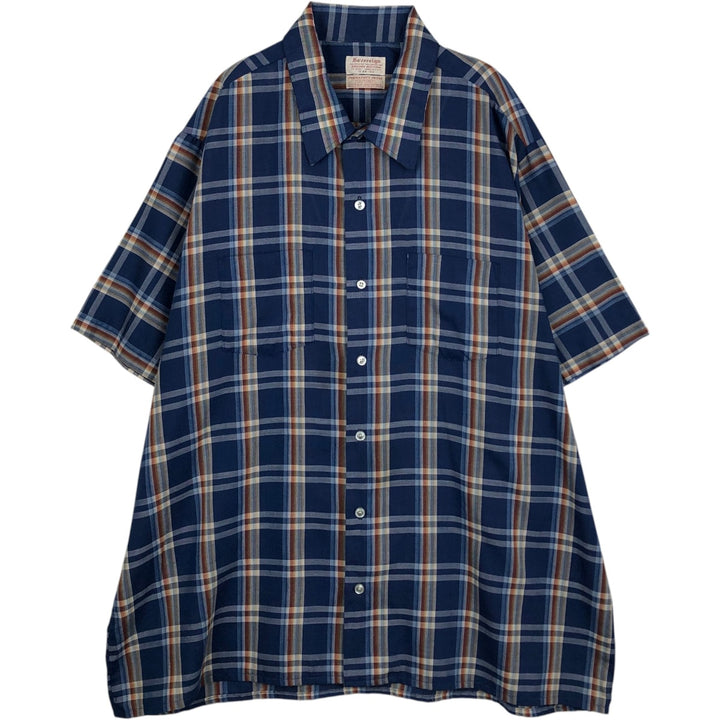 1960s-1970'S Sovereign Short-Sleeve Check Shirt, Boxy Shirt, Made in USA, Men's XXL Equivalent, Vintage polyester blue type Vintage Second Hand