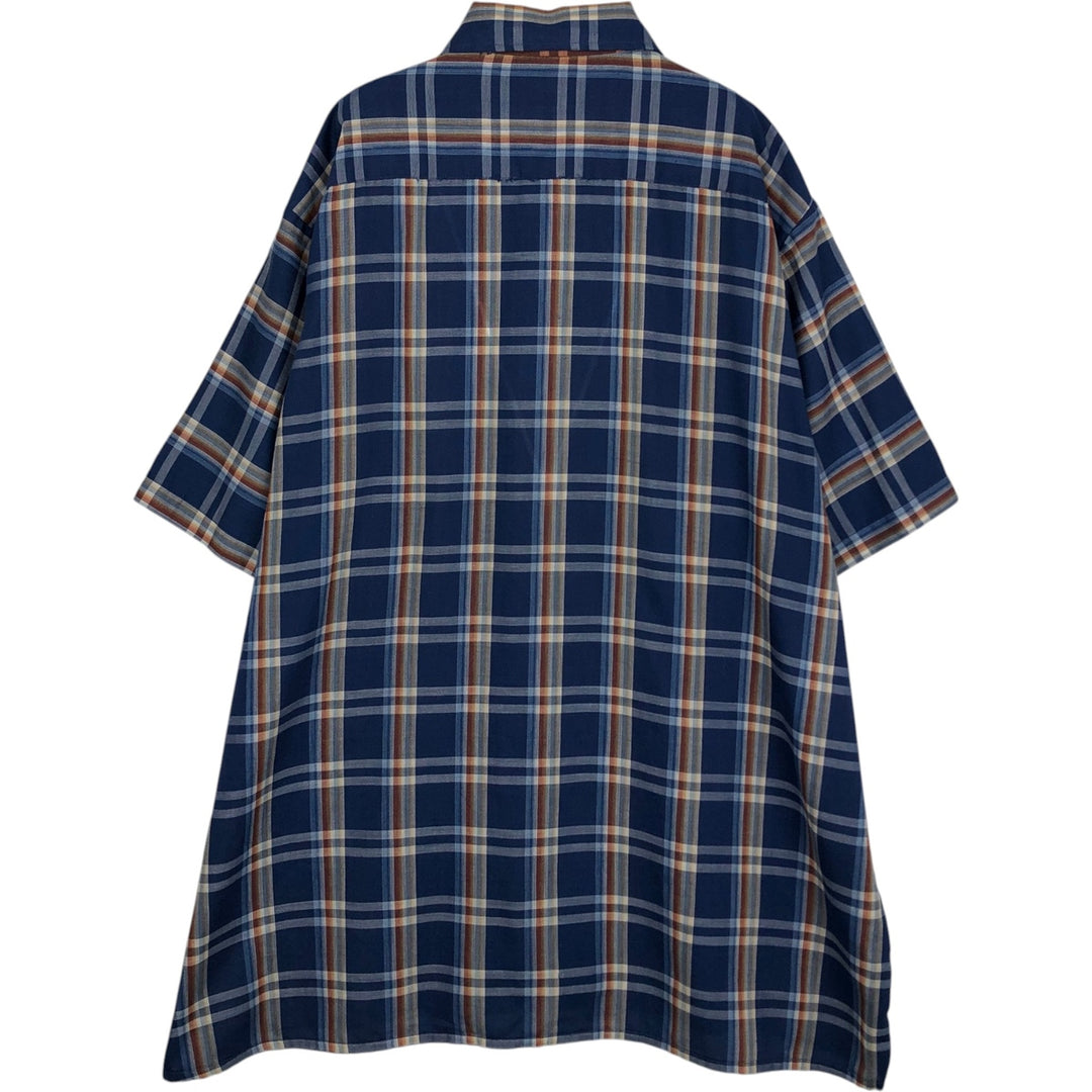 1960s-1970'S Sovereign Short-Sleeve Check Shirt, Boxy Shirt, Made in USA, Men's XXL Equivalent, Vintage polyester blue type Vintage Second Hand
