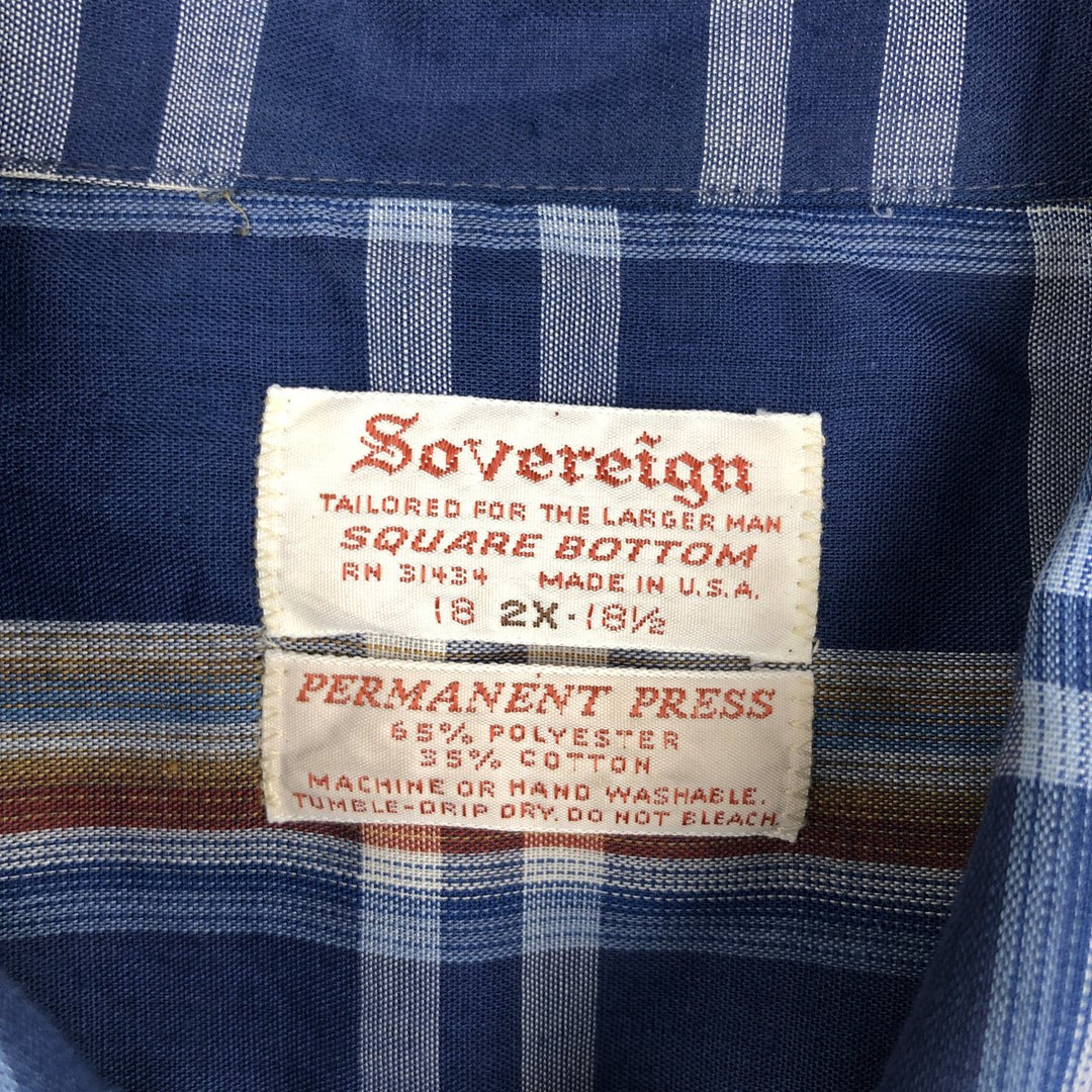 1960s-1970'S Sovereign Short-Sleeve Check Shirt, Boxy Shirt, Made in USA, Men's XXL Equivalent, Vintage polyester blue type Vintage Second Hand