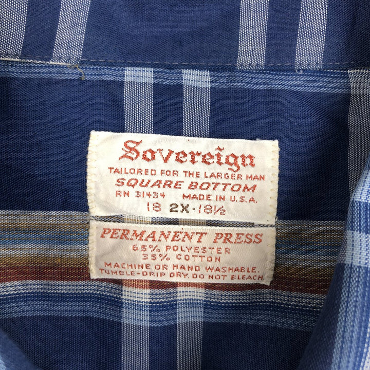 1960s-1970'S Sovereign Short-Sleeve Check Shirt, Boxy Shirt, Made in USA, Men's XXL Equivalent, Vintage polyester blue type Vintage Second Hand