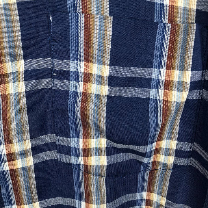 1960s-1970'S Sovereign Short-Sleeve Check Shirt, Boxy Shirt, Made in USA, Men's XXL Equivalent, Vintage polyester blue type Vintage Second Hand